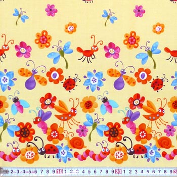 カラフルなお花と昆虫たち ボーダー/イエロー 140*65