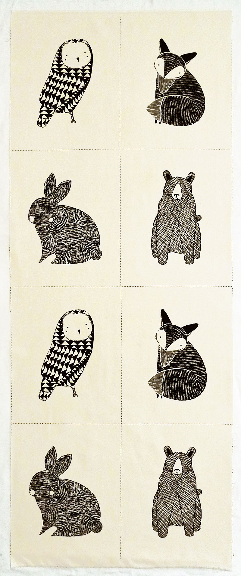 フクロウ、キツネ、ウサギ、クマ モノトーン/パネル 44*110
