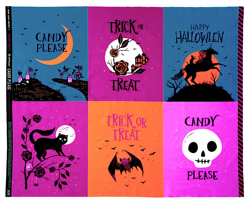 黒ネコ、コウモリ、ユニコーン ハロウィーン・パネル 紫、オレンジ、ブルー 110*93