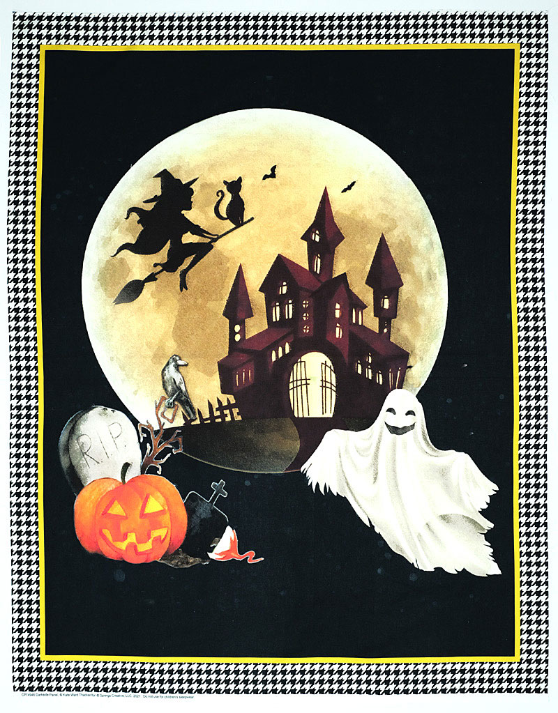 魔女、お化け、ネコ ブラック・千鳥格子/ハロウィン・パネル 90*110
