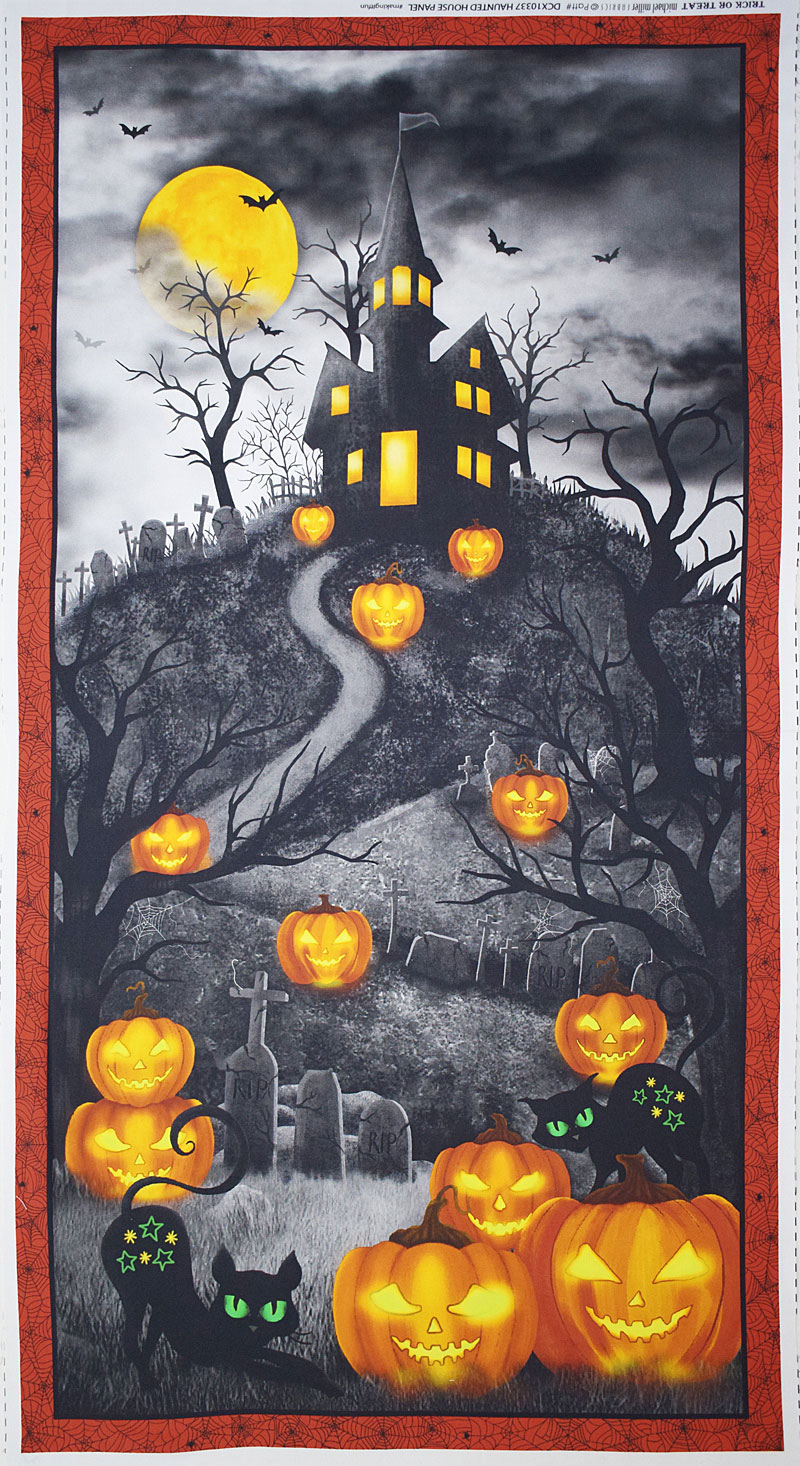 お化け屋敷、黒ネコ、カボチャランタン、蜘蛛の巣 ハロウィン・パネル/グレー 61*110