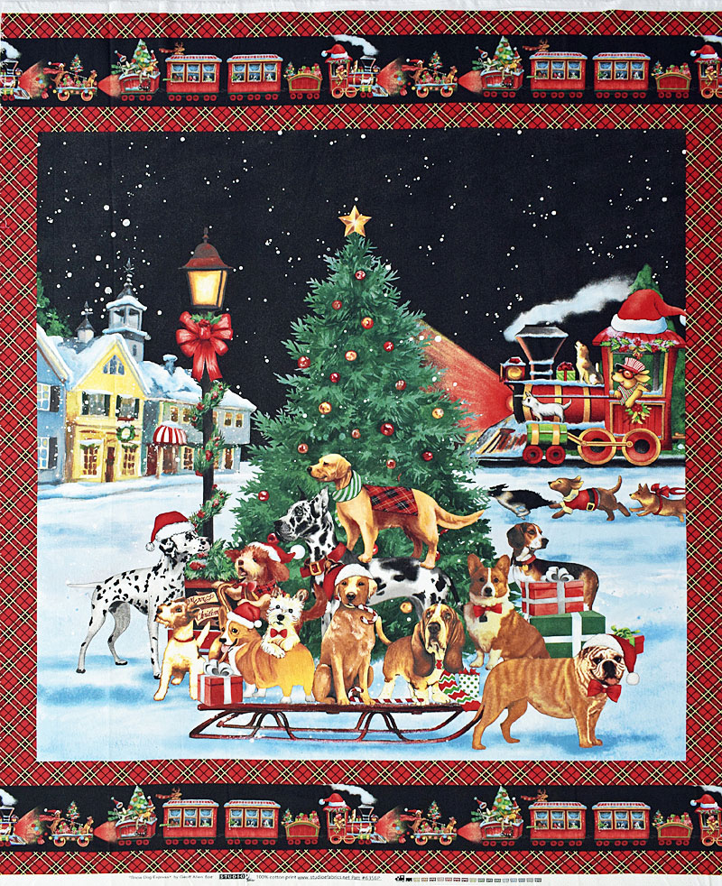 犬、蒸気機関車、クリスマスツリー クリスマス・タペストリー タータンチェック 90*110