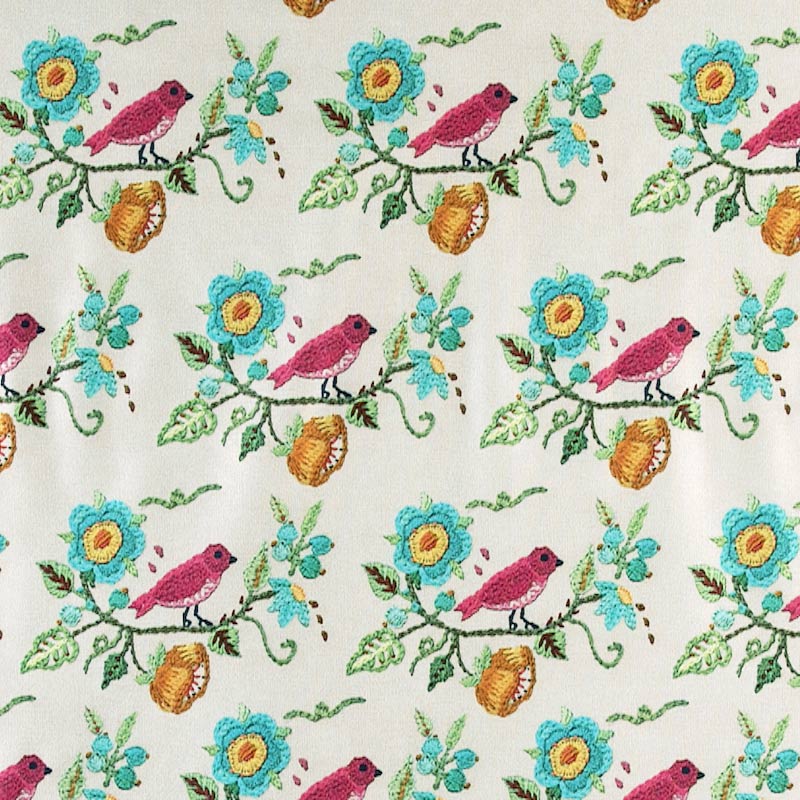 小鳥とお花 刺繍風プリント デジタル/ベージュ