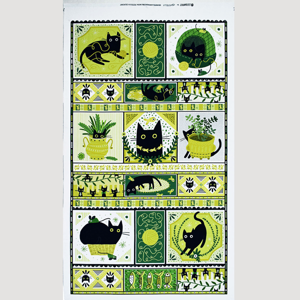 黒ネコ、毛糸玉、植木鉢、ネズミ、魚 パネル/ホワイト・黄緑・緑 60*110