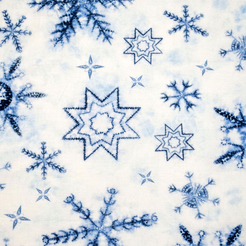 雪の結晶、絞り染め風 インディゴ・ブルー/ホワイト