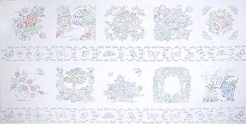 蝶、お花、クジャク、家の線画 110*59